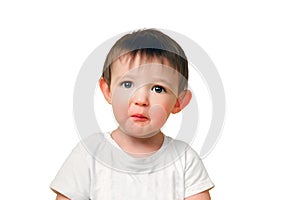 Portrait of an upset toddler baby with a surprised sad face on a studio