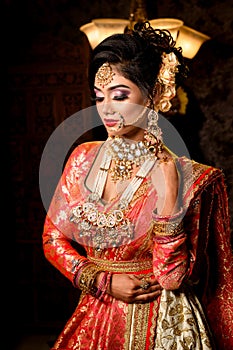 Portrait of very beautiful young Indian bride in luxurious bridal costume with makeup and heavy jewellery in studio lighting