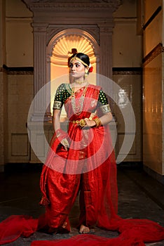 Portrait of very beautiful young Indian lady in luxurious costume with makeup and heavy jewellery