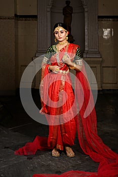 Portrait of very beautiful young Indian lady in luxurious costume with makeup and heavy jewellery posing fashionable in front of a