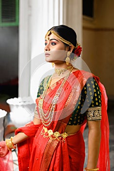 Portrait of very beautiful young Indian lady in luxurious costume with makeup and heavy jewellery posing fashionable in front of a