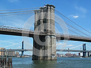 Portrait View of Brooklyn Bridge Tower, Manhattan Bridge in Back