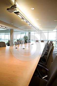 Portrait view of executive boardroom in office.