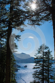 Portrait view of the Phantom Ship in Crater Lake National Park