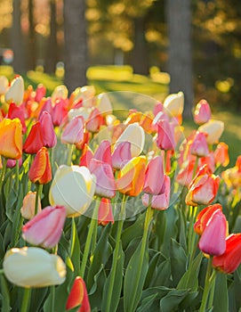 Portrait view of spring tulips glowing in the morning sun.