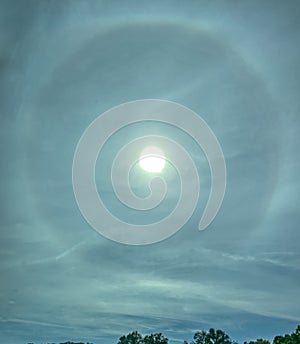Portrait view of stunning sun halo over tree-lined landscape.