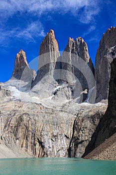 A portrait view of the three huge granite towers at the end of the W walk in Torres del Paine National Park