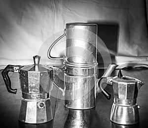 Portrait of vintage and differenttypes of coffe makers