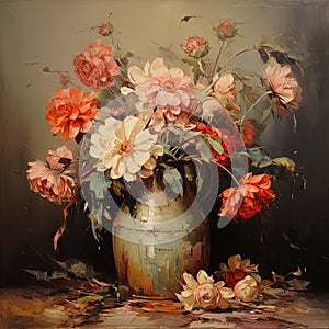 Portrait, Vintage Peone in Vase, oil painting, generative ai