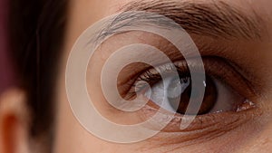 Portrait vision, macro camera shot of beautiful caucasian woman model face part. Closeup of female open eye with brown