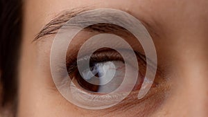 Portrait vision, macro shot of young caucasian woman model face part. Closeup of open eye looking left and skin texture.