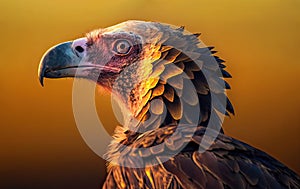 Portrait of the Vulture against the background of the morning sun. Side view. Generative AI
