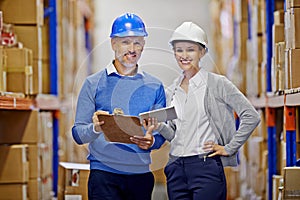 Portrait, warehouse or man with woman, tablet or documents with shipping or industry. Clipboard, inventory or