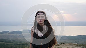 Portrait of a warlike amazon woman with long hair