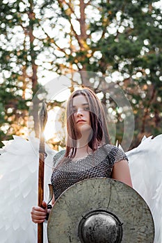 Portrait of a warrior woman in chain mail with steel bracers and wings behind her back.