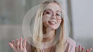 Portrait webcam view caucasian smiling business woman blogger female student wearing glasses online teacher mentor