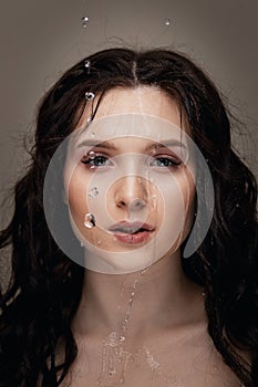 Portrait wet woman face with water drop with extended fake eyelashes. Concept creative photo beauty skin care nature eco