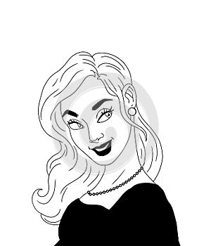 Portrait of white blond woman in red dress, vector illustration