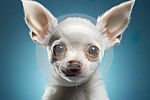 Portrait of a white chihuahua on a blue neutral background, cropped photo, studio light. Ai art