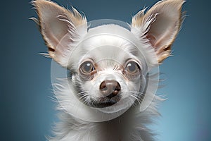 Portrait of a white chihuahua on a blue neutral background, cropped photo, studio light. Ai art