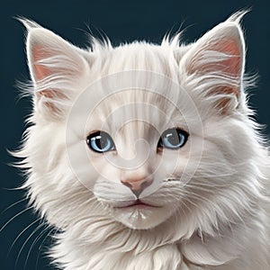 Portrait of a white fluffy kitten with blue eyes on a blue background