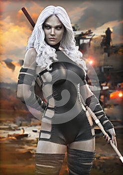Portrait of a white hair warrior female with a dystopia style background. photo