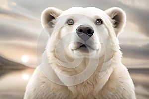 portrait of a white polar bear looking to the camera on neutral background created with generative ai technology