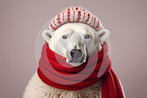 Portrait of white polar bear in red knitted hat and scarf, studio portrait
