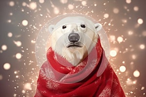 Portrait of white polar bear wrapped in warm red scarf, with blurred Christmas lights on background