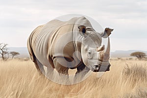 Portrait of White Rhinoceros Ceratotherium simum in the savannah