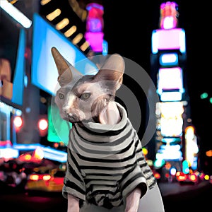 Portrait of a white Spynhx cat wearing a striped sweater in the city at night