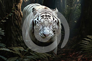 Portrait of White Tiger hiding or lurking in the forest hunting for preys, animals wildlife concept, Animal in the jungle,