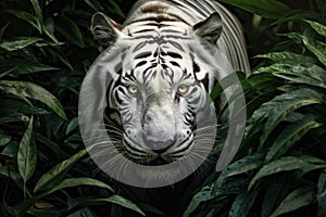Portrait of White Tiger hiding or lurking in the forest hunting for preys, animals wildlife concept, Animal in the jungle,