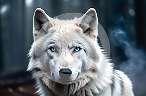 Portrait of a white wolf in a dark forest