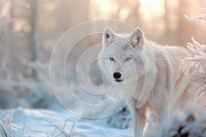Portrait of a white wolf in a snowy forest in winter