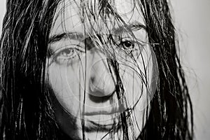 Portrait of white woman with wet hair