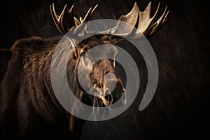 Portrait of a wild elk with large antlers on dark background, Generative AI