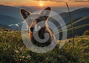 Portrait of a wild fox in the mountains at sunset. Russia, Siberia