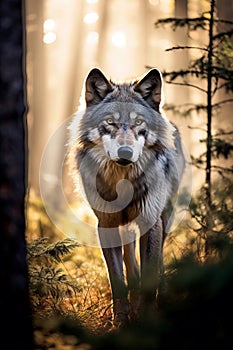 Portrait of Wild Grey wolf walking in the forest at sunrise. Amazing wildlife. Generative Ai