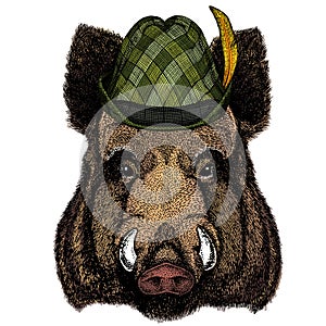 Portrait of wild hog, boar, pig. Austrian bavarian tirol hat. Beer festival. Oktoberfest.