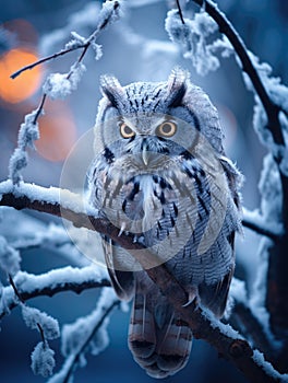 portrait of a wild white owl sitting on a branch in winter