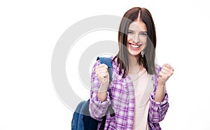 Portrait of a winner happy woman over white background