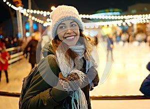 Portrait winter woman in warm hat standing at ice rink background with festive Christmas lights at evening.