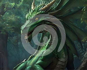 portrait of wisdom forest green dragon. close up. 2024 year chinise symbol. Fantasy concept. AI generated