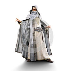 Portrait of a wizard preparing to cast a spell on an isolated white background. photo