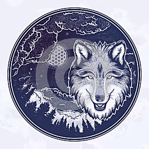 Portrait of a wolf on a background of mountain landscape.Dreamy magic art. Night, nature, wicca symbol. Isolated vector