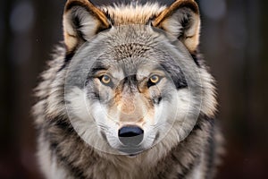 Portrait of a wolf on a black background. Close-up, A Grey Wolf captured in a close-up portrait, staring intensely, AI Generated