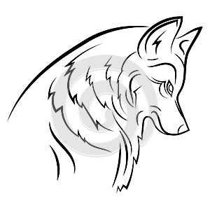 Portrait of a wolf. Black and white illustration of a wild wolf. Linear art. Forest predatory animal. Tattoo.