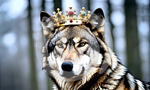 Portrait of a wolf in a crown on a background of a forest