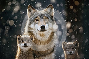 Portrait of a wolf family, mother and her two cubs a snowing day at morning. World Wildlife Conservation concept